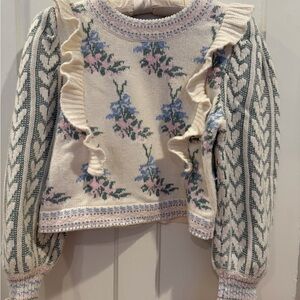 LoveShackFancy Cream and Blue Floral Ruffle Crop Sweater